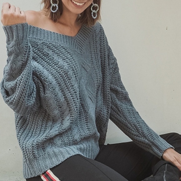 EMILIA Dusty Blue Cable Knit Sweater - Picture 2 of 5